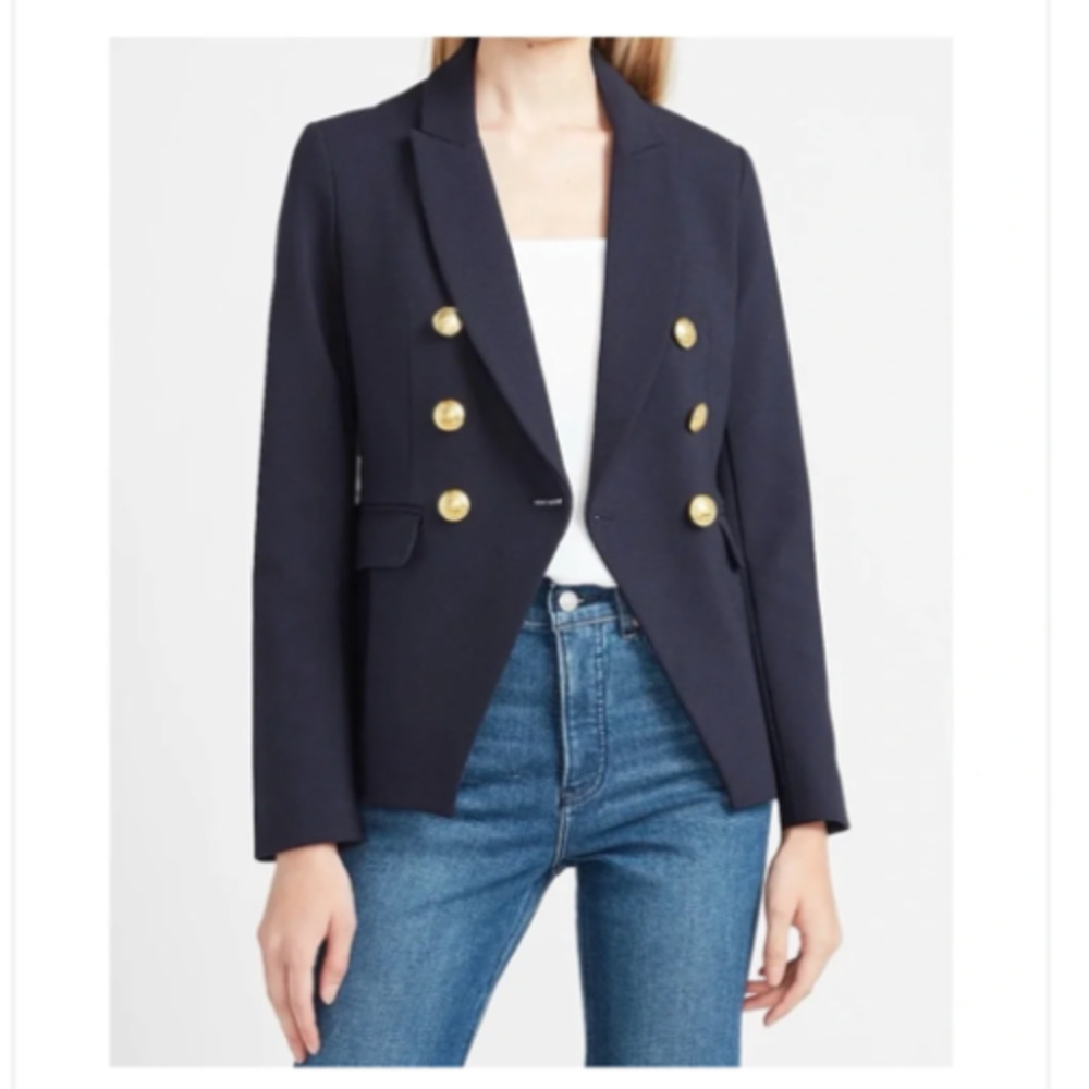 Express Blazer Jacket Medium Womens Blue Double Breasted Gold Buttons Fitted